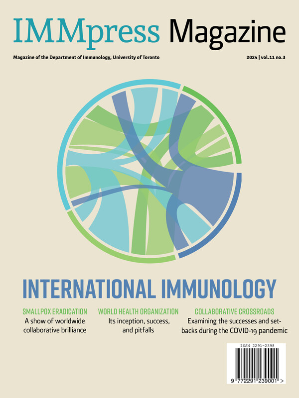 The cover of IMMpress magazine showing a stylized phylogeny tree with the words "International Immunology" written out