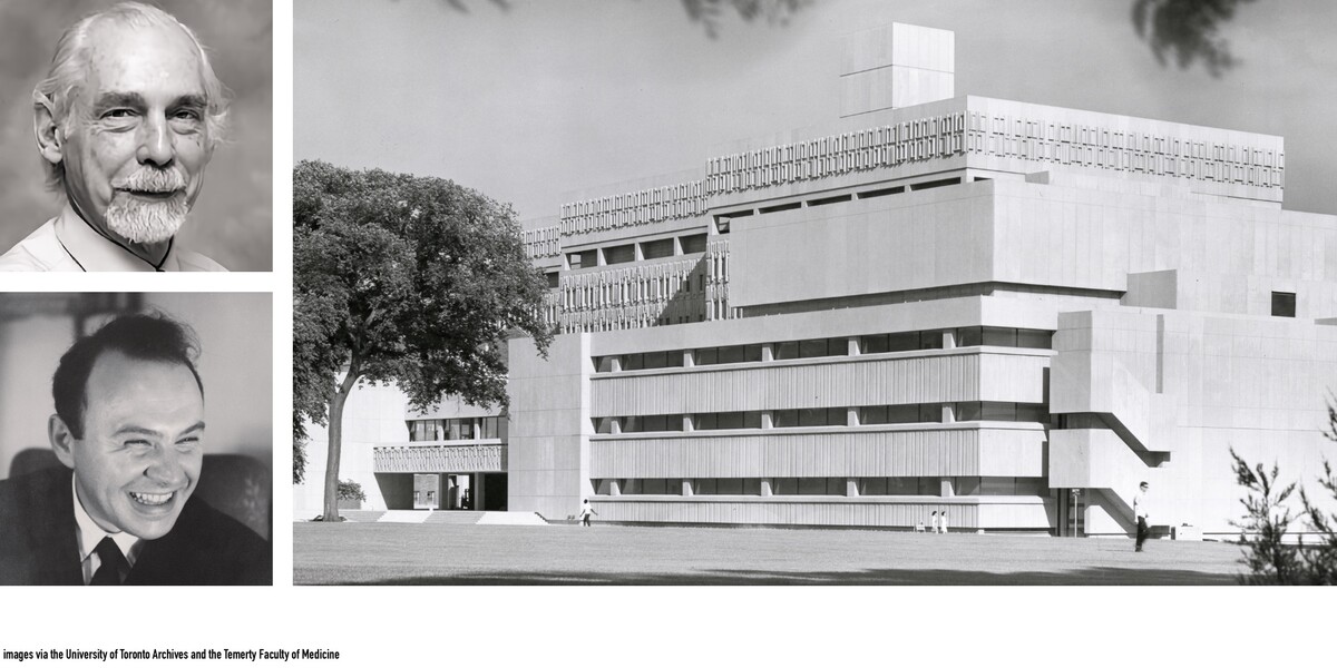 Medical Science Building when it opened in 1969, and portraits of Dr. Hardi Cinader and Dr. Richard Miller