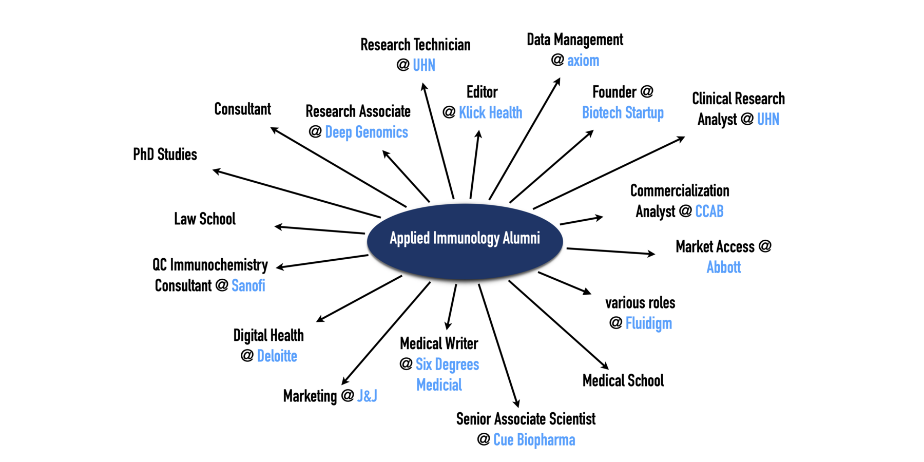 Schematic showing careers for applied immunology alumni