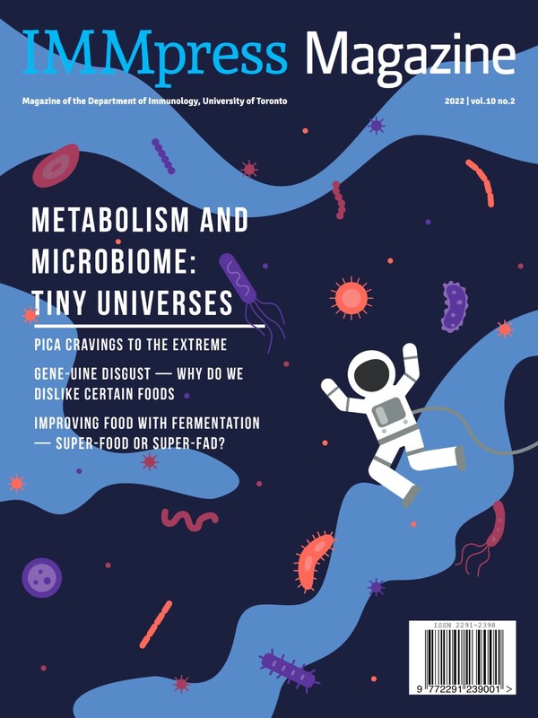 IMMpress Magazine Cover drawing showing an astronaut floating in a tiny universe of microbes