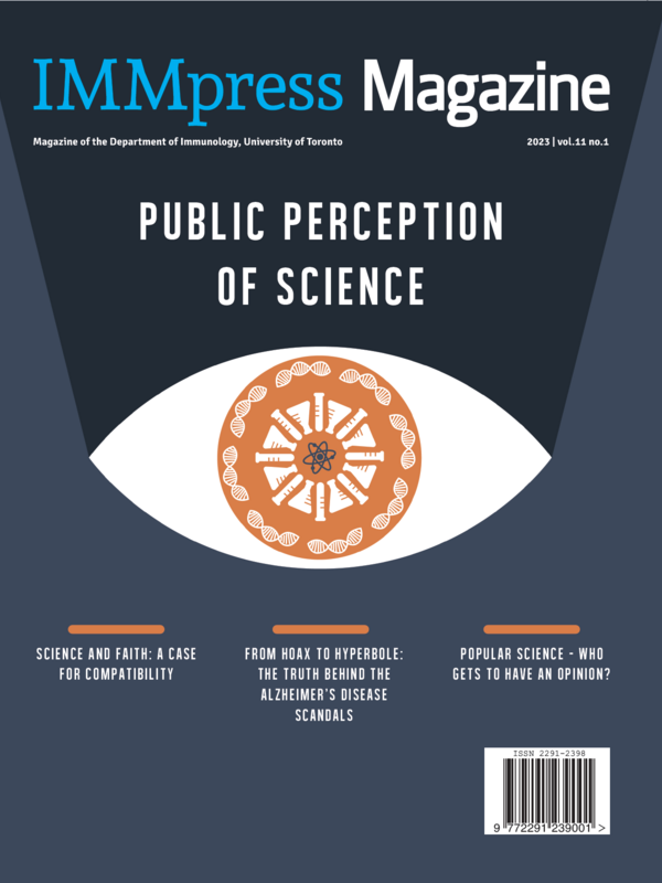 IMMpress magazine cover with an eye made of antibody and DNA molecules with the title "Public Perception of Science" above it