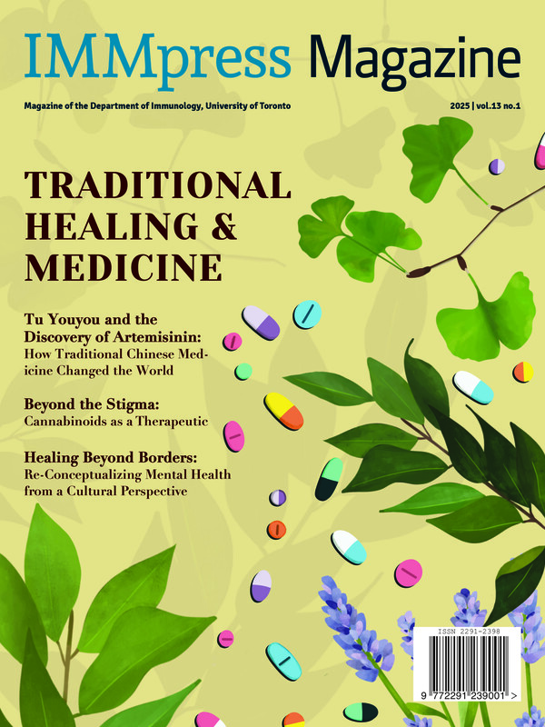 Cover of IMMpress Magazine showing pills next to natural leaves